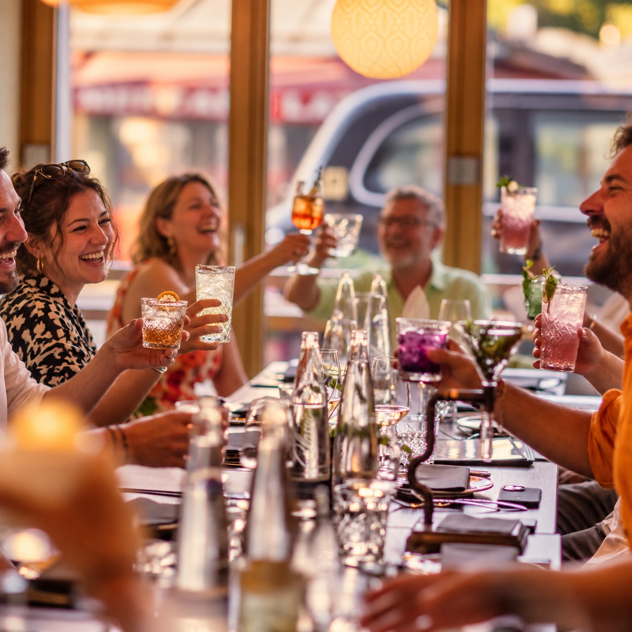 Gesellschaft stößt mit Cocktails an der langen Tafel im St.Ribs München an